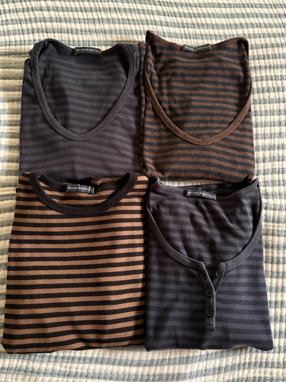 Bundle of 4 Brandy Melville Striped Long Sleeve Tees in Navy, Black & Brown